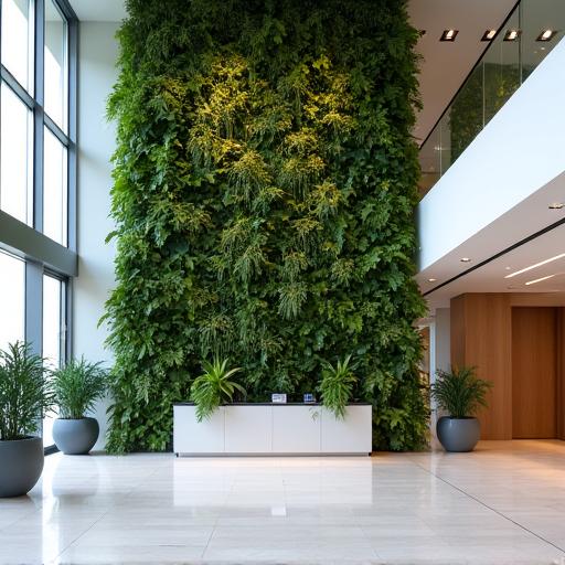 モダンなオフィスのエントランスに設置された大規模な植物インスタレーション