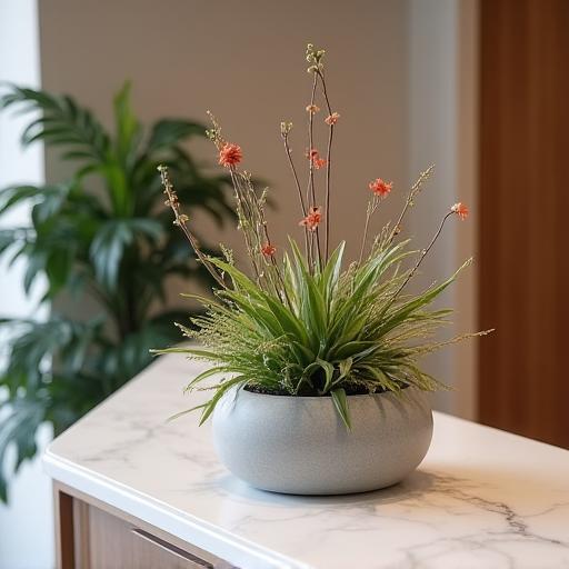 企業の受付カウンターに飾られたモダンな生け花